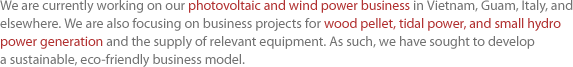 We are currently working on our photovoltaic and wind power business in Vietnam, Guam, Italy, and elsewhere. We are also focusing on business projects for wood pellet, tidal power, and small hydro power generation and the supply of relevant equipment. As such, we have sought to develop a sustainable, eco-friendly business model.