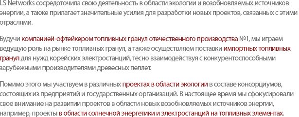 LS Networks has been focusing on environmental and renewable energy businesses that have recently been emerged and constantly strives to discover new related projects.LS Networks, as the largest Off-Taker in the market, leads the Korean wood pellets industry and cooperates with promising foreign manufacturers to supply to the major power plants in Korea. Our long-term mission is to expand our business throughout the entire value-chain by operating our own manufacturing facility as well as biomass power plant.Also, LS Networks manages various Green Businesses as an establishment of consortiums with domestic companies and government organizations. As part of the Green Business, we put our effort to develop an emerging renewable energy project such as Solar/Fuel Cell Power Plants.